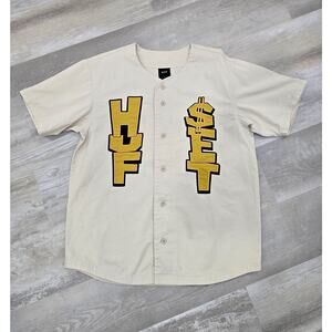 HUF Men's Team Baseball Jersey L Bone Cream Patch Graffiti Button Up Streetwear